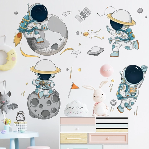 Pegatinas de Pared Astronauta Dibujos Animados Espacio Planeta Impermeable PVC Stickers para Habitación de Niños Escuela Aula Decoración
