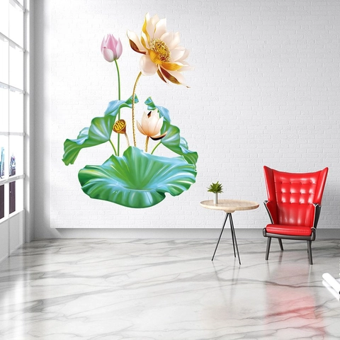 Adesivo da Parete Fiore di Loto in PVC Impermeabile Botanico Floreale Stile Cinese per Soggiorno Camera da Letto Casa