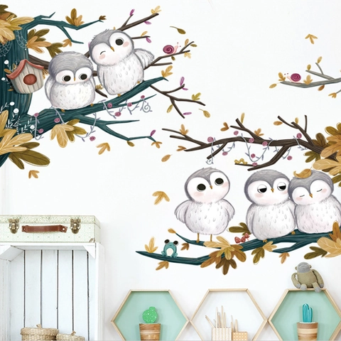Adesivi Murali Cartone Animato Gufo Ramo d'Albero Rimovibile PVC Impermeabile Decorazioni Parete per Cameretta Bambini