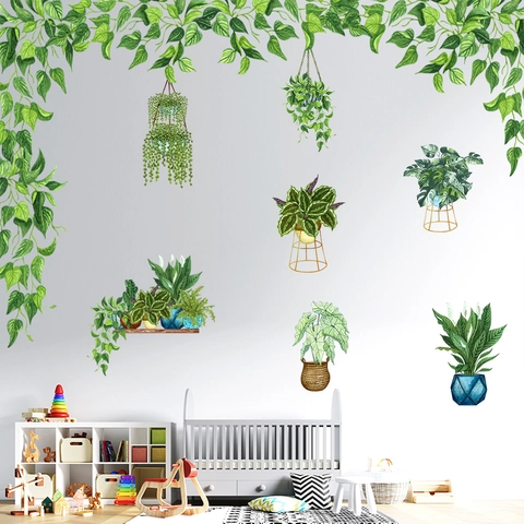 Aquarell Topfpflanzen Grün Wandaufkleber PVC Wasserdicht Botanisch Rebe Blatt Wandbild Für Wohnzimmer Schlafzimmer Deko