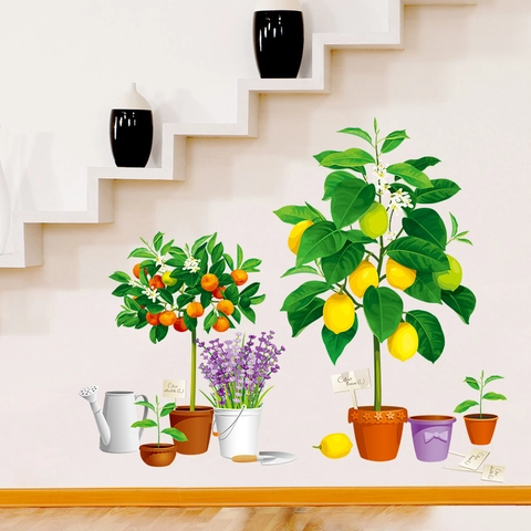 Potted Plants Wall Stickers PVC Waterproof Lemon Orange Tree Lavender Decals For Living Room Bedroom Hallway Home Decor