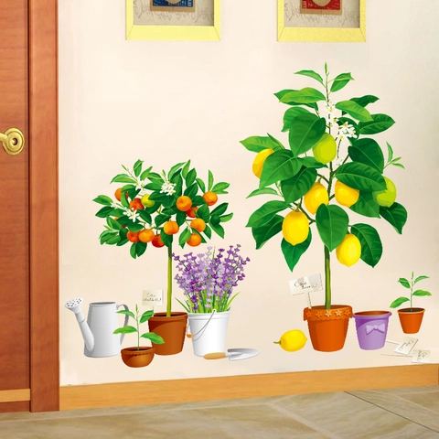 Potted Plants Wall Stickers PVC Waterproof Lemon Orange Tree Lavender Decals For Living Room Bedroom Hallway Home Decor