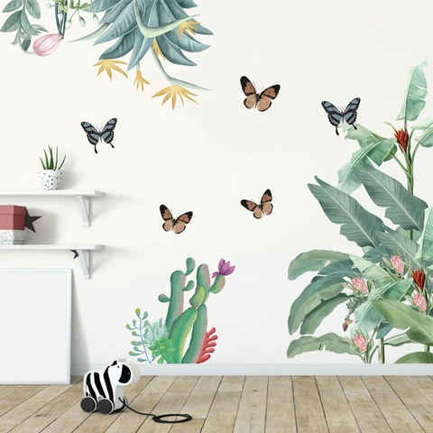 Adesivi Murali Piante Verdi Tropicali PVC Foglia di Banano Cactus Farfalla Decalcomanie Impermeabili Casa Camera Letto