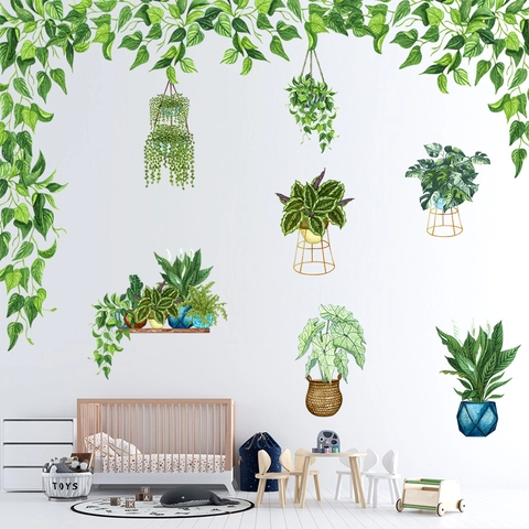 Aquarell Topfpflanzen Grün Wandaufkleber PVC Wasserdicht Botanisch Rebe Blatt Wandbild Für Wohnzimmer Schlafzimmer Deko