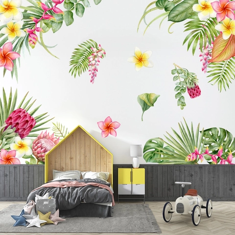Tropische Monstera Blätter Und Plumeria Blumen Wandtattoo Aquarell Pflanze Floral PVC Wasserdichte Aufkleber Für Wohnzimmer Kinderzimmer Deko