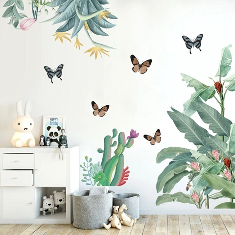Adesivi Murali Piante Verdi Tropicali PVC Foglia di Banano Cactus Farfalla Decalcomanie Impermeabili Casa Camera Letto