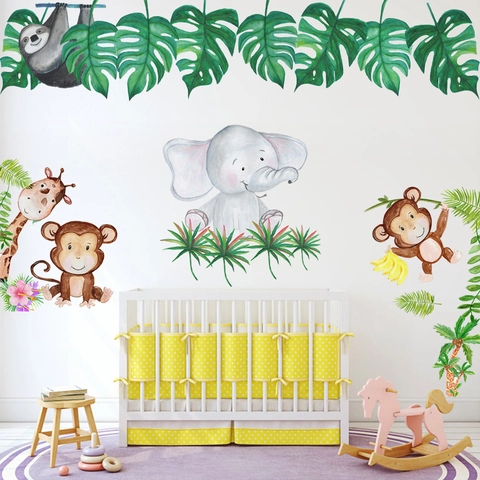 Pegatinas de Pared de Animales de la Selva de Dibujos Animados Acuarela Elefante Mono Jirafa Hojas Tropicales PVC Niños