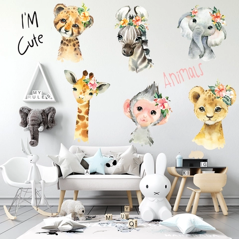 Aquarell Tiere Wandtattoo Für Kinderzimmer Deko Löwe Elefant Giraffe Zebra Affe Muster Floral PVC Abnehmbare Wandaufkleber