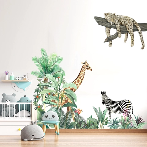 Tropische Dschungeltiere Wandaufkleber Giraffe Zebra Leopard Palmblätter Wasserdicht PVC Kunst Aufkleber Für Kinderzimmer Deko