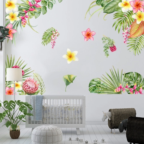 Tropische Monstera Blätter Und Plumeria Blumen Wandtattoo Aquarell Pflanze Floral PVC Wasserdichte Aufkleber Für Wohnzimmer Kinderzimmer Deko