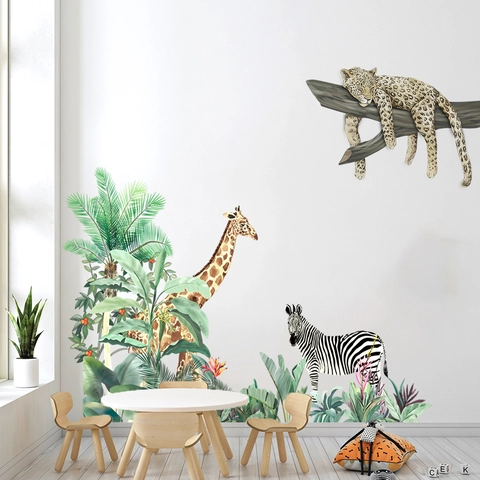 Tropische Dschungeltiere Wandaufkleber Giraffe Zebra Leopard Palmblätter Wasserdicht PVC Kunst Aufkleber Für Kinderzimmer Deko