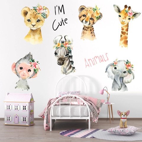 Aquarell Tiere Wandtattoo Für Kinderzimmer Deko Löwe Elefant Giraffe Zebra Affe Muster Floral PVC Abnehmbare Wandaufkleber