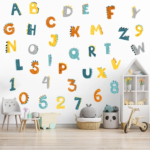 Cartoon Dinosaurier Alphabet Nummer Wandaufkleber PVC Wasserdicht Pädagogische Wandtattoos Für Kinderzimmer Dekor