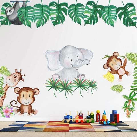 Pegatinas de Pared de Animales de la Selva de Dibujos Animados Acuarela Elefante Mono Jirafa Hojas Tropicales PVC Niños
