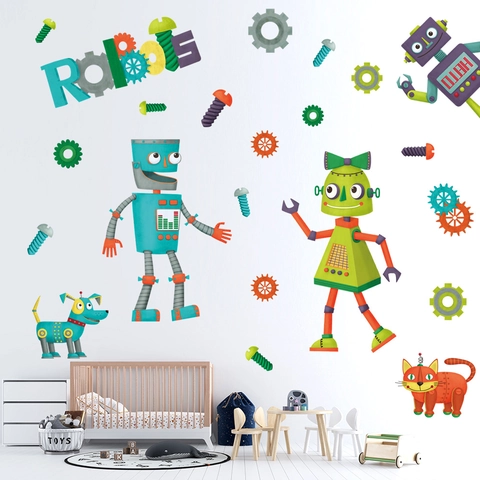 Cartoon Robot Theme Wall Stickers Set PVC Waterproof Robot Dog Cat Gear Screw Wall Decals For Children Room Bedroom Decor