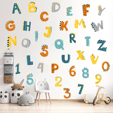 Cartoon Dinosaurier Alphabet Nummer Wandaufkleber PVC Wasserdicht Pädagogische Wandtattoos Für Kinderzimmer Dekor