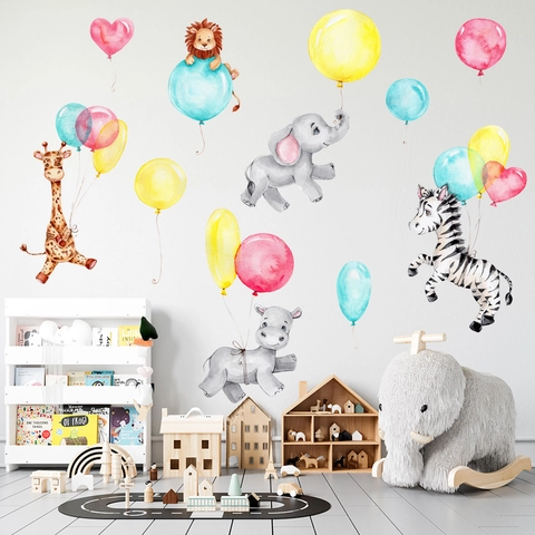 Aquarell Cartoon Tiere Ballon Wandaufkleber PVC Elefant Giraffe Zebra Aufkleber Für Kinderzimmer Schlafzimmer Deko