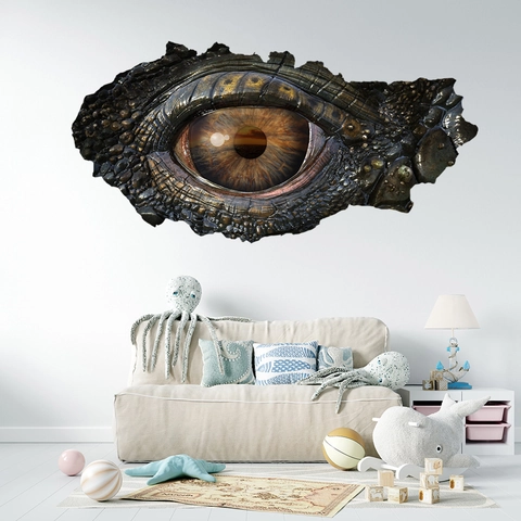 Sticker Mural 3D Oeil de Dinosaure Réaliste PVC Imperméable Effet de Mur Fissuré Décoration pour Chambre d'Enfant Salon Maison