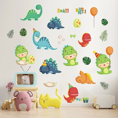 Stickers Muraux Dinosaure Dessin Animé PVC Imperméable Autocollants Amovibles Pour Chambre Enfant Oeufs Dinosaure Ballons