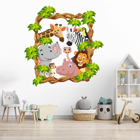 Cartoon Dschungel Tiere Wandtattoo PVC Wasserdicht Wald Giraffe Elefant Löwe Zebra Aufkleber Kinderzimmer Deko