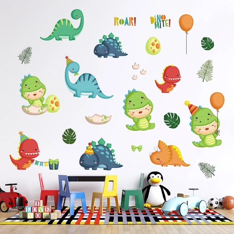 Stickers Muraux Dinosaure Dessin Animé PVC Imperméable Autocollants Amovibles Pour Chambre Enfant Oeufs Dinosaure Ballons