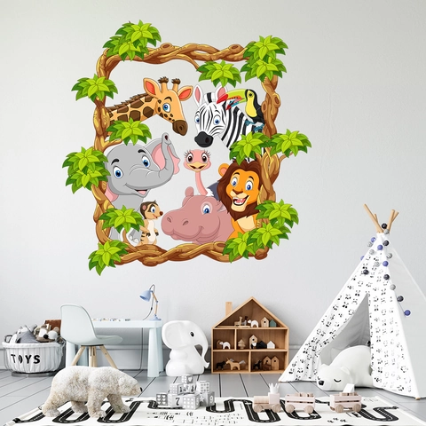 Cartoon Dschungel Tiere Wandtattoo PVC Wasserdicht Wald Giraffe Elefant Löwe Zebra Aufkleber Kinderzimmer Deko