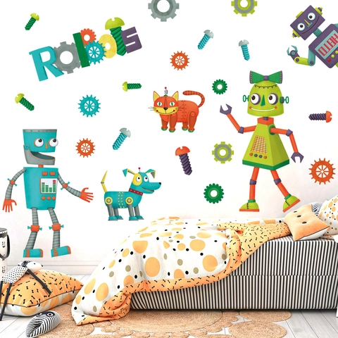 Cartoon Robot Theme Wall Stickers Set PVC Waterproof Robot Dog Cat Gear Screw Wall Decals For Children Room Bedroom Decor