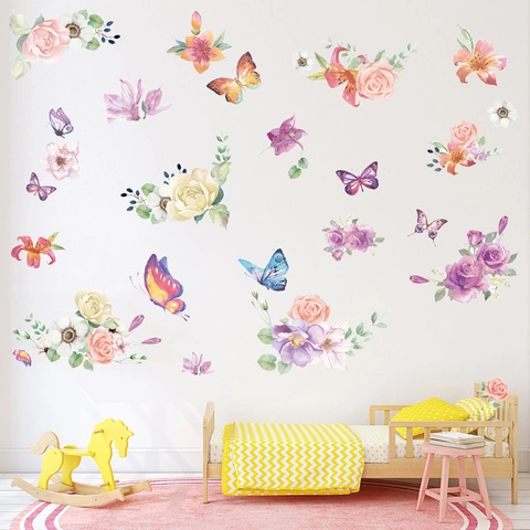Aquarel Bloem Vlinder Muurstickers PVC Bloemen Roos Lelie Pioen Decals Voor Woonkamer Slaapkamer Kinderkamer Huis Decoratie