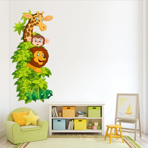 Cartoon Jungle Animals Giraffe Monkey Lion PVC Wall Sticker For Kids Room Nursery Decor Waterproof Removable DIY Art Mural