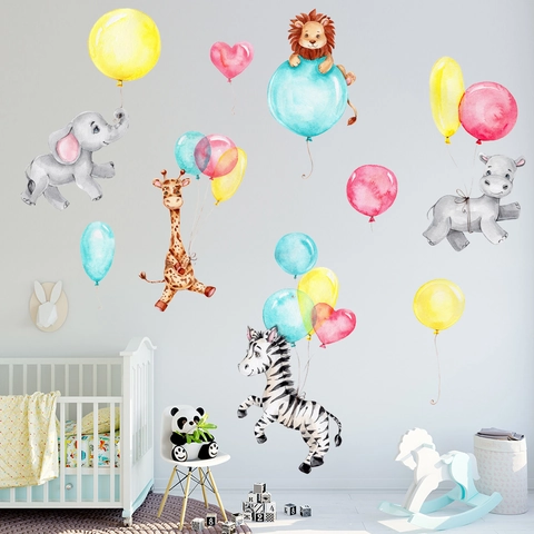 Aquarell Cartoon Tiere Ballon Wandaufkleber PVC Elefant Giraffe Zebra Aufkleber Für Kinderzimmer Schlafzimmer Deko
