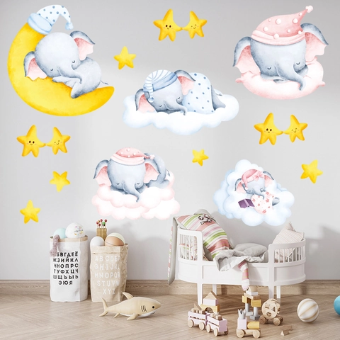 Cartoon Slapende Olifant Muurstickers Aquarel Maan Sterren Wolken PVC Waterdicht DIY Stickers Voor Babykamer Kinderen