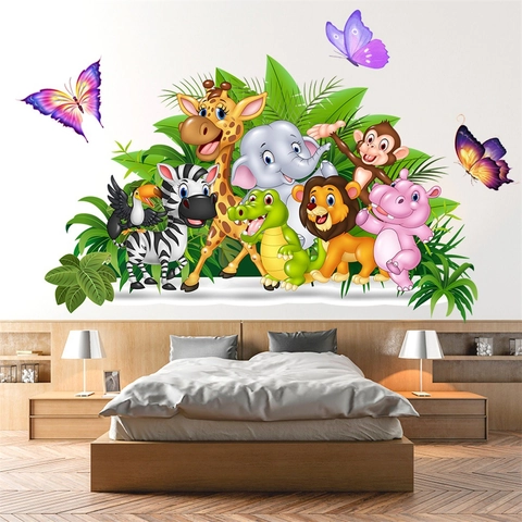 Adesivo da Parete con Animali della Giungla in PVC Impermeabile Elefante Giraffa Leone Scimmia per Cameretta Bambini Casa