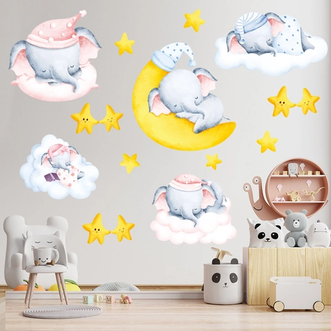 Cartoon Slapende Olifant Muurstickers Aquarel Maan Sterren Wolken PVC Waterdicht DIY Stickers Voor Babykamer Kinderen