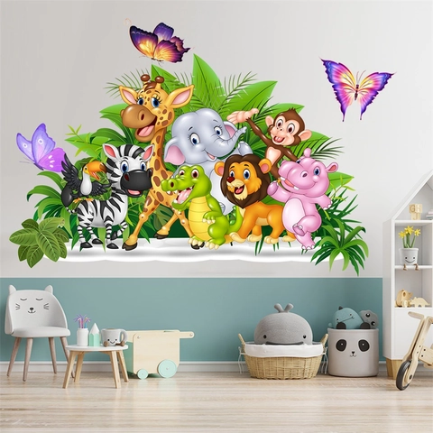 Adesivo da Parete con Animali della Giungla in PVC Impermeabile Elefante Giraffa Leone Scimmia per Cameretta Bambini Casa