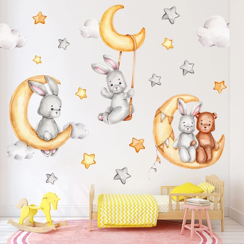 Cartoon Watercolor Rabbit Bear Moon Stars Wall Sticker For Kids Room Nursery Home Decor PVC Waterproof DIY Wall Decal Set
