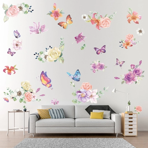 Aquarel Bloem Vlinder Muurstickers PVC Bloemen Roos Lelie Pioen Decals Voor Woonkamer Slaapkamer Kinderkamer Huis Decoratie