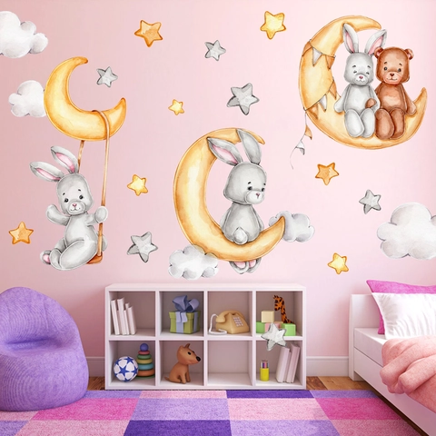 Cartoon Watercolor Rabbit Bear Moon Stars Wall Sticker For Kids Room Nursery Home Decor PVC Waterproof DIY Wall Decal Set