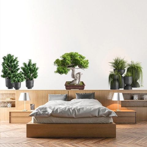 Stickers Muraux Pin En Pot Et Plantes Vertes PVC Imperméable Moderne Minimaliste Décoration Maison Pour Salon Chambre Bureau