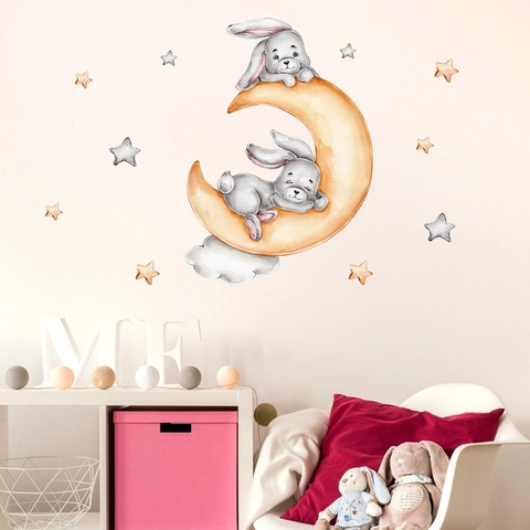 Watercolor Cartoon Rabbits On Moon Wall Sticker Clouds Stars Nursery Kids Room Wall Decal PVC Waterproof DIY Home Decor