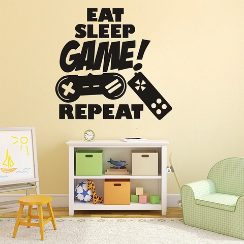Eat Sleep Game Repeat Adesivo Murale in Vinile Controller di Gioco Citazione Gaming Murale per Camera Ragazzi Soggiorno