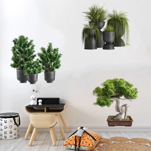 Stickers Muraux Pin En Pot Et Plantes Vertes PVC Imperméable Moderne Minimaliste Décoration Maison Pour Salon Chambre Bureau