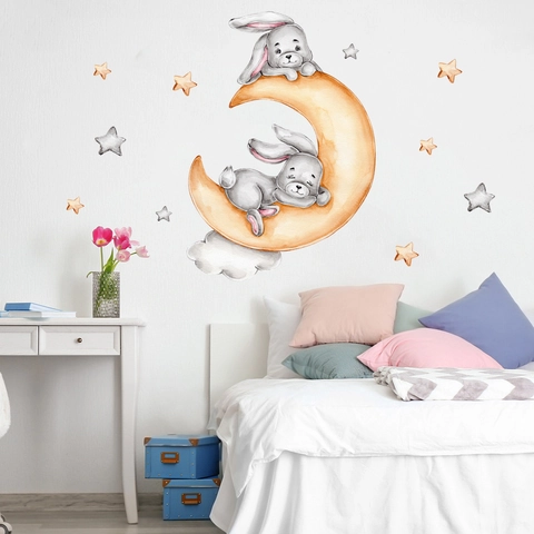 Watercolor Cartoon Rabbits On Moon Wall Sticker Clouds Stars Nursery Kids Room Wall Decal PVC Waterproof DIY Home Decor