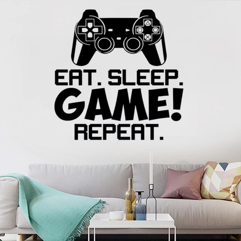 Eat Sleep Game Repeat Gamer Wall Sticker Controller Silhouette PVC Waterproof Removable Decal For Gaming Room Home Decor
