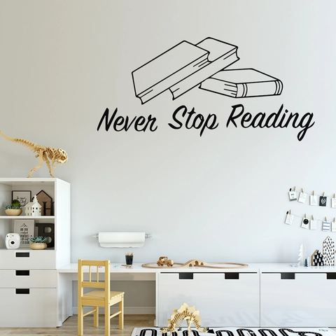 Adesivo da Parete Ispiratore Never Stop Reading Citazione Grafica di Libri in Vinile Impermeabile per Camera dei Bambini Studio