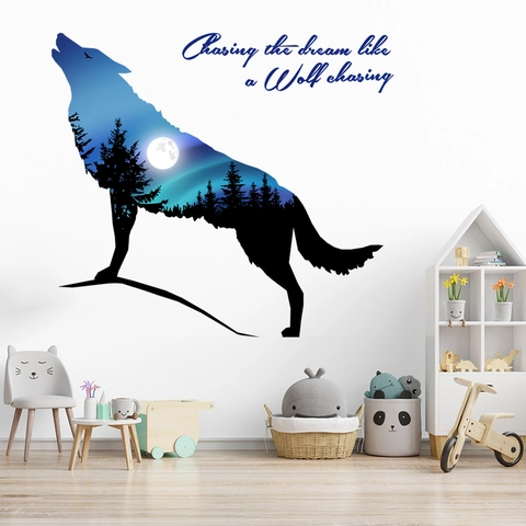 Adesivo da Parete Artistico con Silhouette di Lupo Foresta Luna Aurora PVC Impermeabile per Soggiorno Camera da Letto Casa