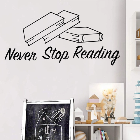 Adesivo da Parete Ispiratore Never Stop Reading Citazione Grafica di Libri in Vinile Impermeabile per Camera dei Bambini Studio