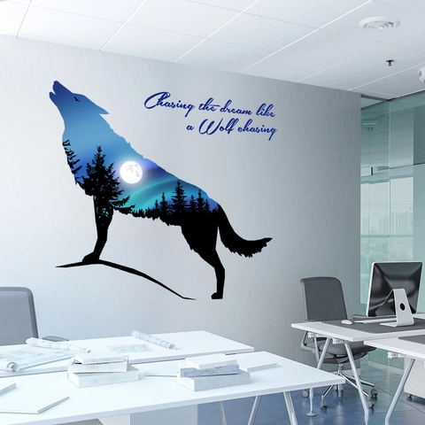 Adesivo da Parete Artistico con Silhouette di Lupo Foresta Luna Aurora PVC Impermeabile per Soggiorno Camera da Letto Casa
