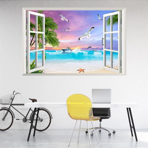 Sticker Mural 3D Fausse Fenêtre Plage Tropicale Mer Dauphin Paysage PVC Étanche Autocollant Mural Décoration Maison Fond Art