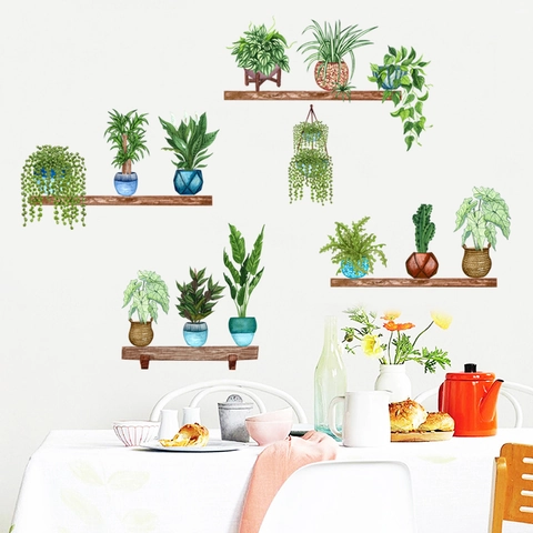Stickers Muraux Plantes en Pot à l'Aquarelle PVC Imperméable Botanique Panier Suspendu Décalcomanies pour Salon Maison Décor