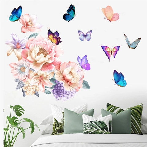 Große Pfingstrose Und Schmetterling Wandtattoo Wasserdicht PVC Aquarell Blume Aufkleber Für Wohnzimmer Schlafzimmer Deko